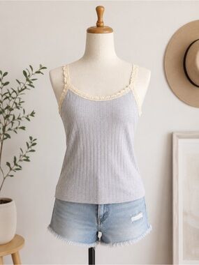 art class Gray Ribbed Camisole with Cream Lace Trim